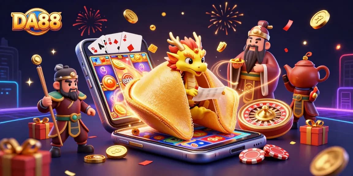 Experience the excitement of DA88 casino with a dynamic scene of animated characters and gaming elements.