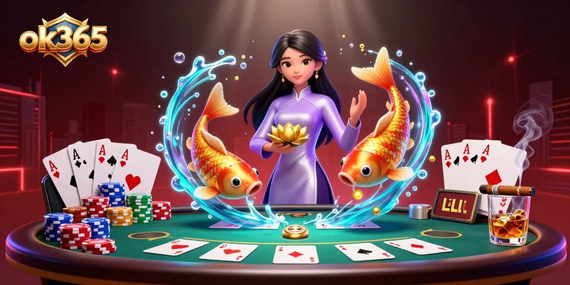 Experience the vibrant ok365 casino scene with an Asian woman, koi fish, and poker elements.