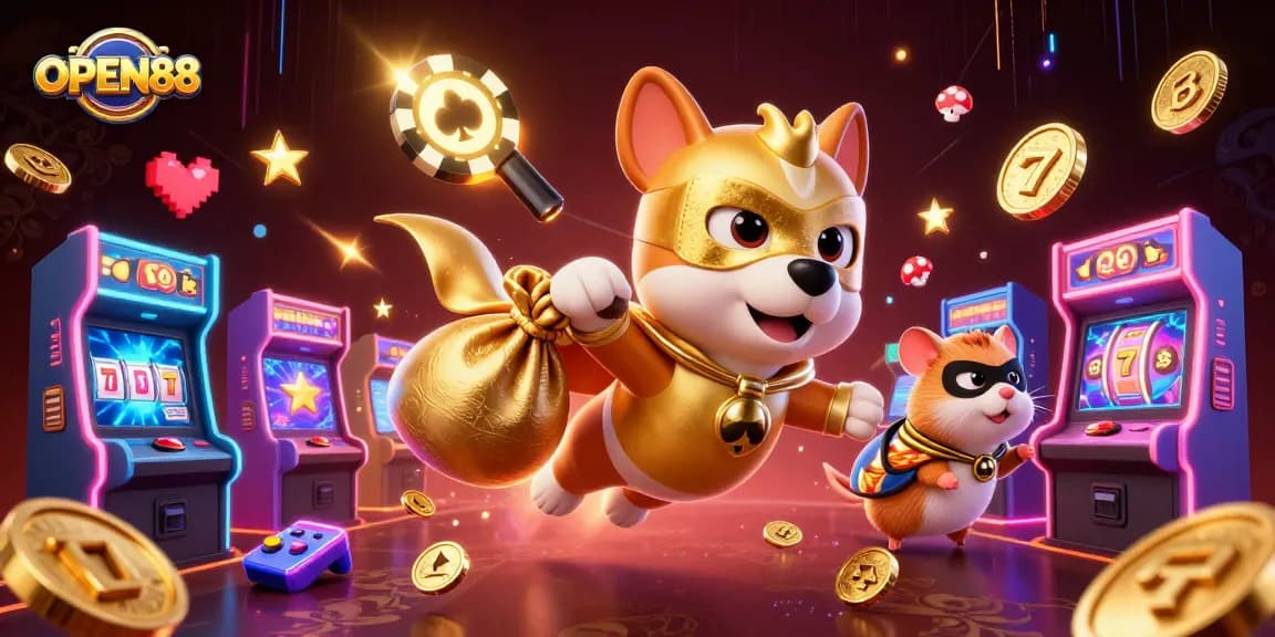 Experience gaming excitement with OPEN88 featuring a superhero dog and hamster in a vibrant casino scene.