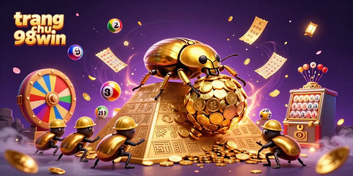 Experience the excitement of trang chu 98win with vibrant lottery symbols and golden treasures.