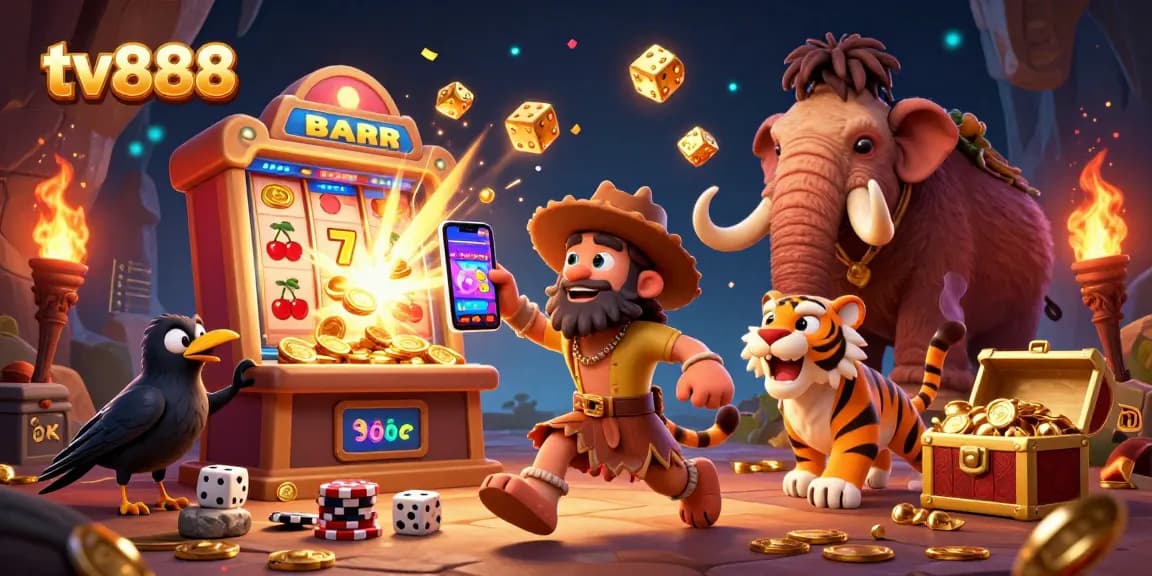 Experience jackpot thrills at tv888 with an energetic prehistoric casino scene bursting with excitement.