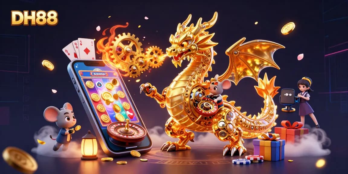 Play thrilling games with DH88, featuring a golden dragon amidst slot games and poker chips.