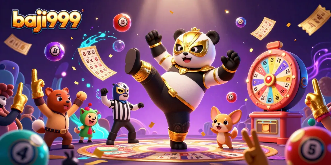 Baji999 showcases a thrilling gaming scene with a wrestler panda, vibrant slot elements, and a festive crowd.