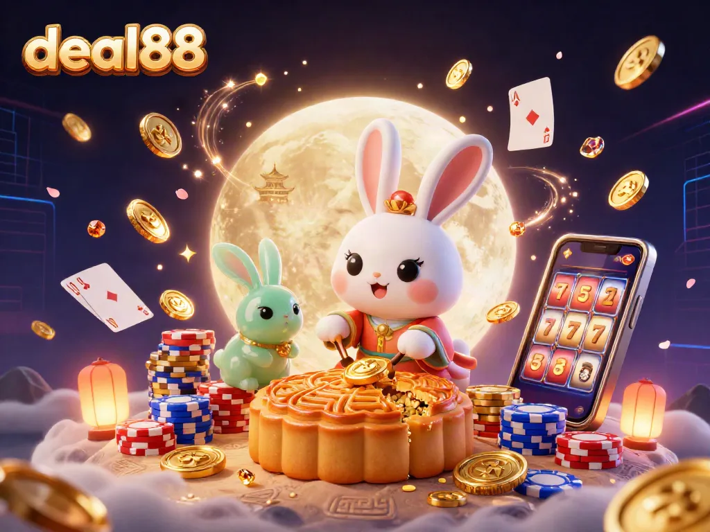 Engage with deal88’s thrilling casino adventure featuring golden mooncakes and vibrant poker elements.