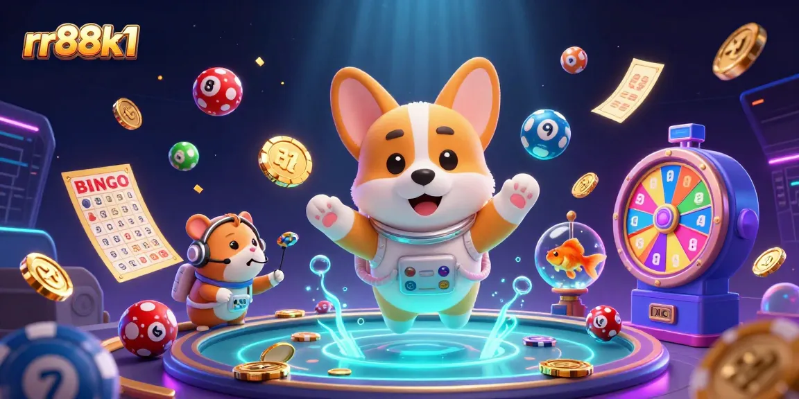 Engage with rr88k1 in a vibrant casino space scene exploring lottery excitement and playful characters.