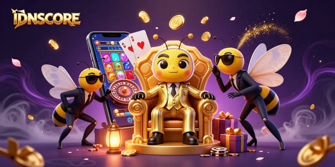 Spin the reels for big wins at IDNSCORE with a vibrant scene featuring a bumblebee mob boss and game elements.
