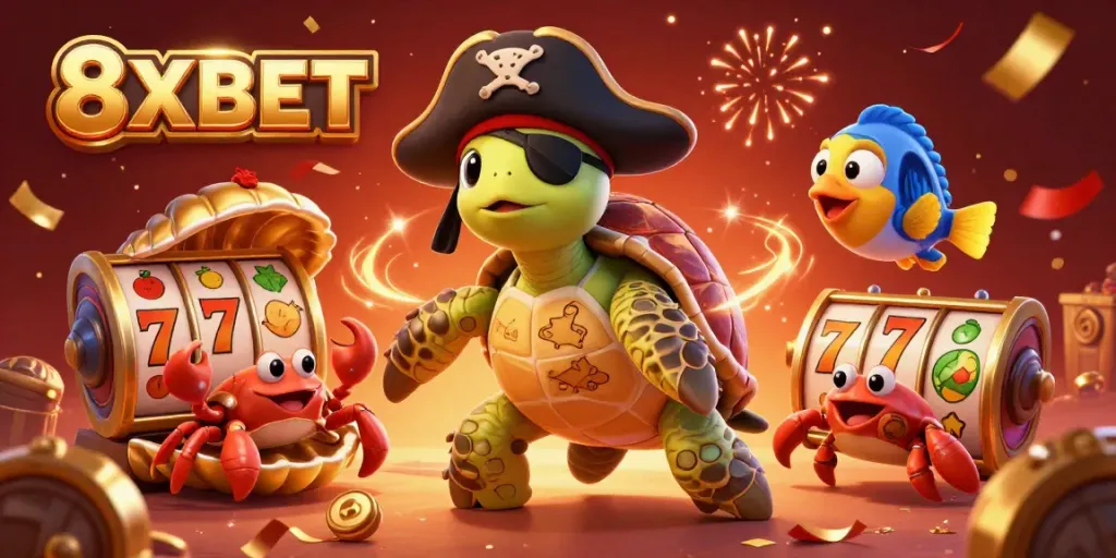 Experience the thrilling world of 8XBET with this vibrant 3D illustration showcasing dynamic casino elements and festive characters.