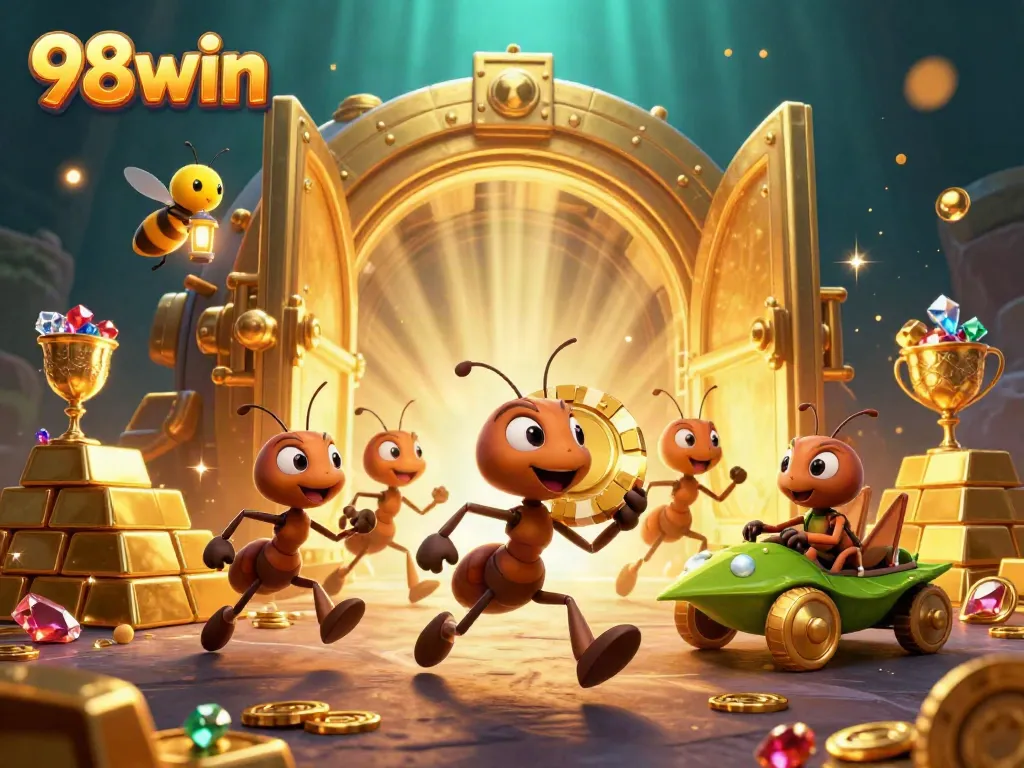 Ants carry a golden chip through a casino heist at 98win, glowing treasure all around.