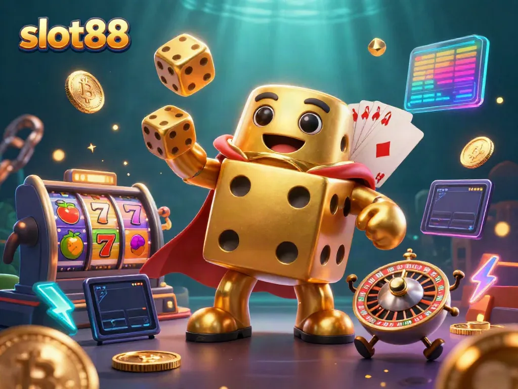 Slot88 menarik perhatian dengan ilustrasi kasino yang menampilkan dadu emas, simbol slot, dan koin cryptocurrency yang bercahaya.