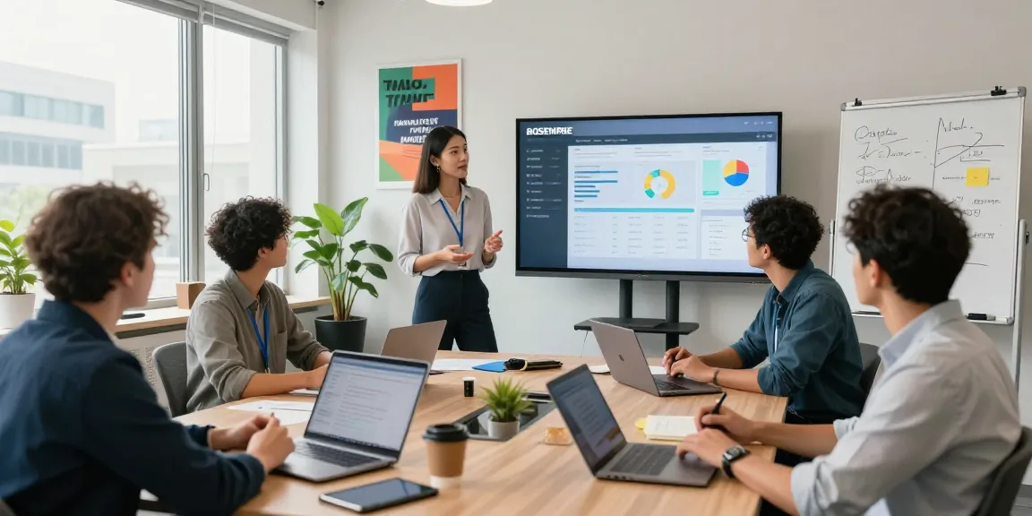 Collaborative team discussing BOSEMPIRE strategies in a modern office setting with digital displays and vibrant decor.
