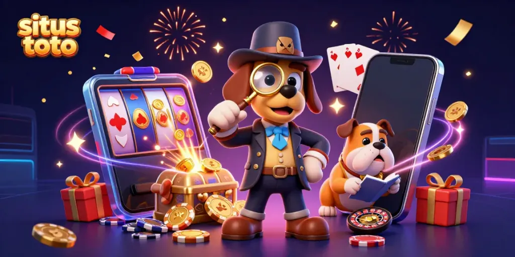Situs toto promotional illustration with a detective bloodhound and gaming elements.