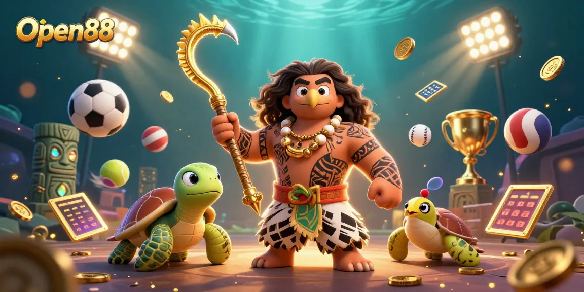 Open88 showcases a thrilling casino adventure with demigods and vibrant sports betting elements.