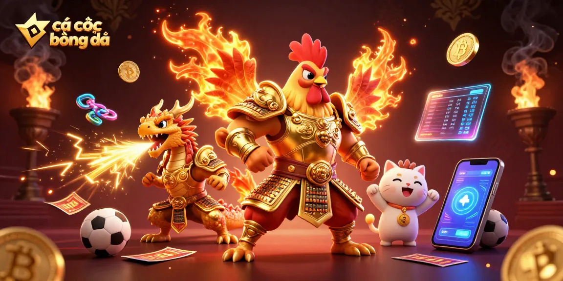 Engage in cá cược bóng đá with dynamic visual elements showcasing sports symbols, a rooster warrior, and a cheering mascot.
