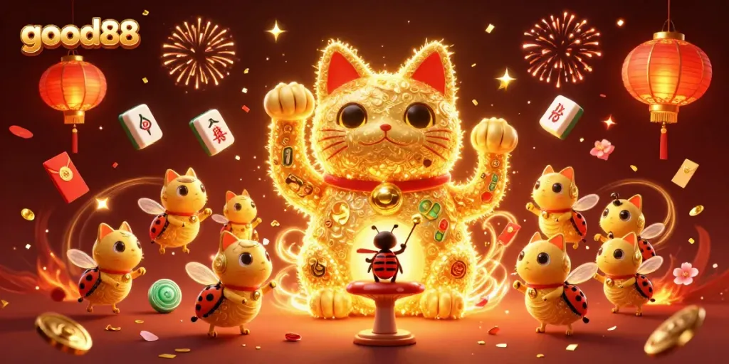 Experience winning strategies at good88 with an enchanting lucky cat surrounded by casino elements.