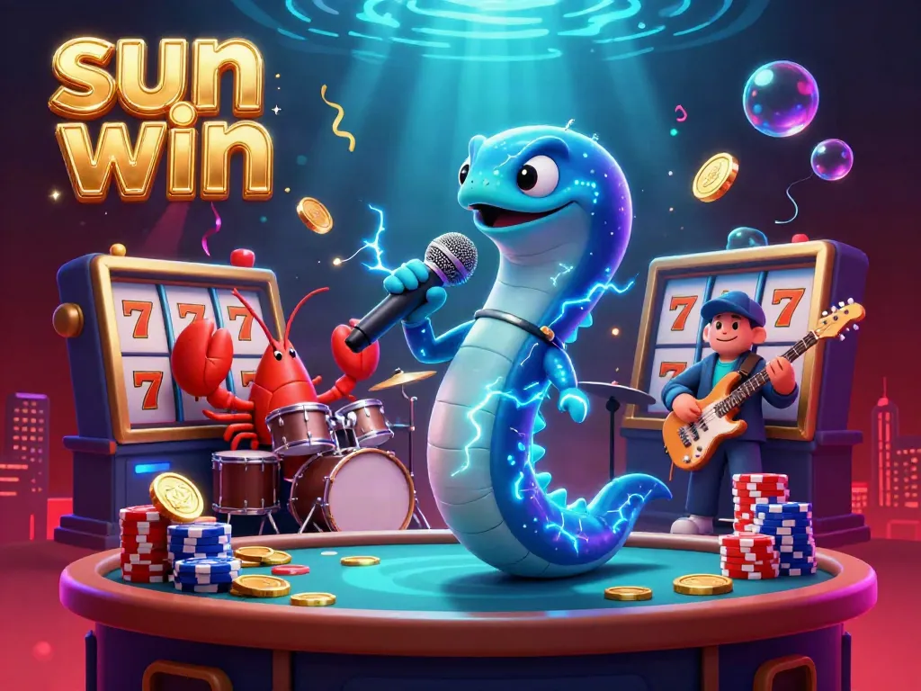 Experience the excitement of sun win with a dynamic underwater casino scene featuring electric eel DJs and vibrant game elements.