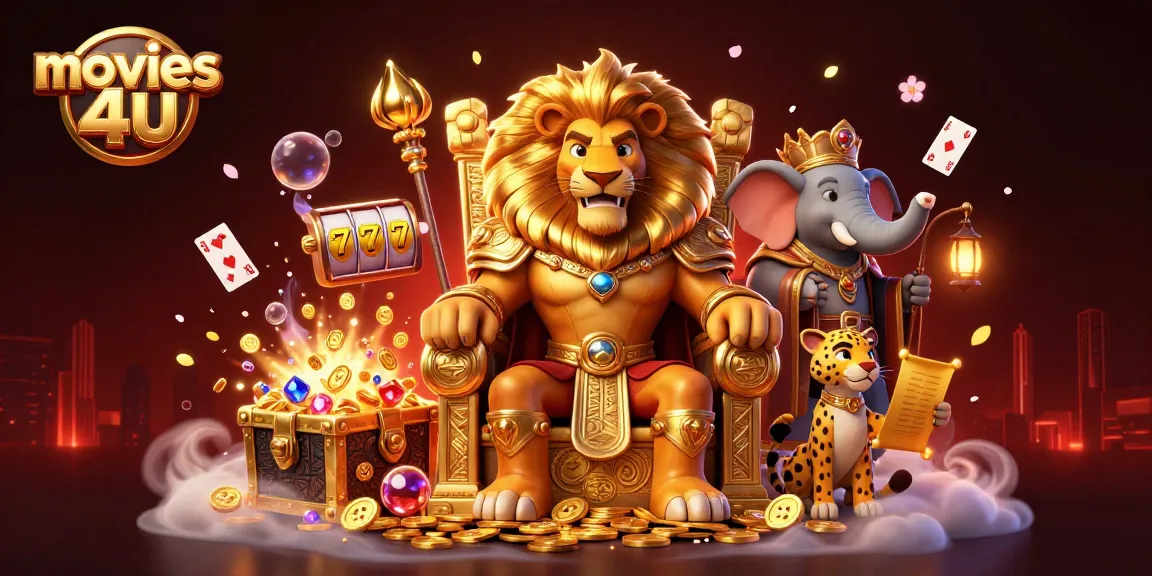 Experience thrill with movies 4u featuring vibrant lion king on a gold coin throne in a dynamic casino scene.