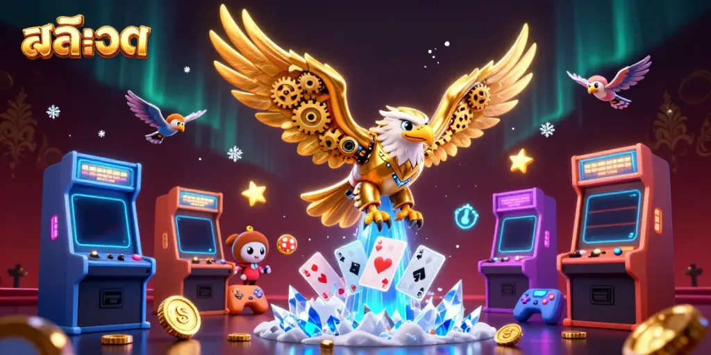 Engage in สล็อต action with a vibrant 3D scene showcasing an eagle and game symbols, instilling excitement.