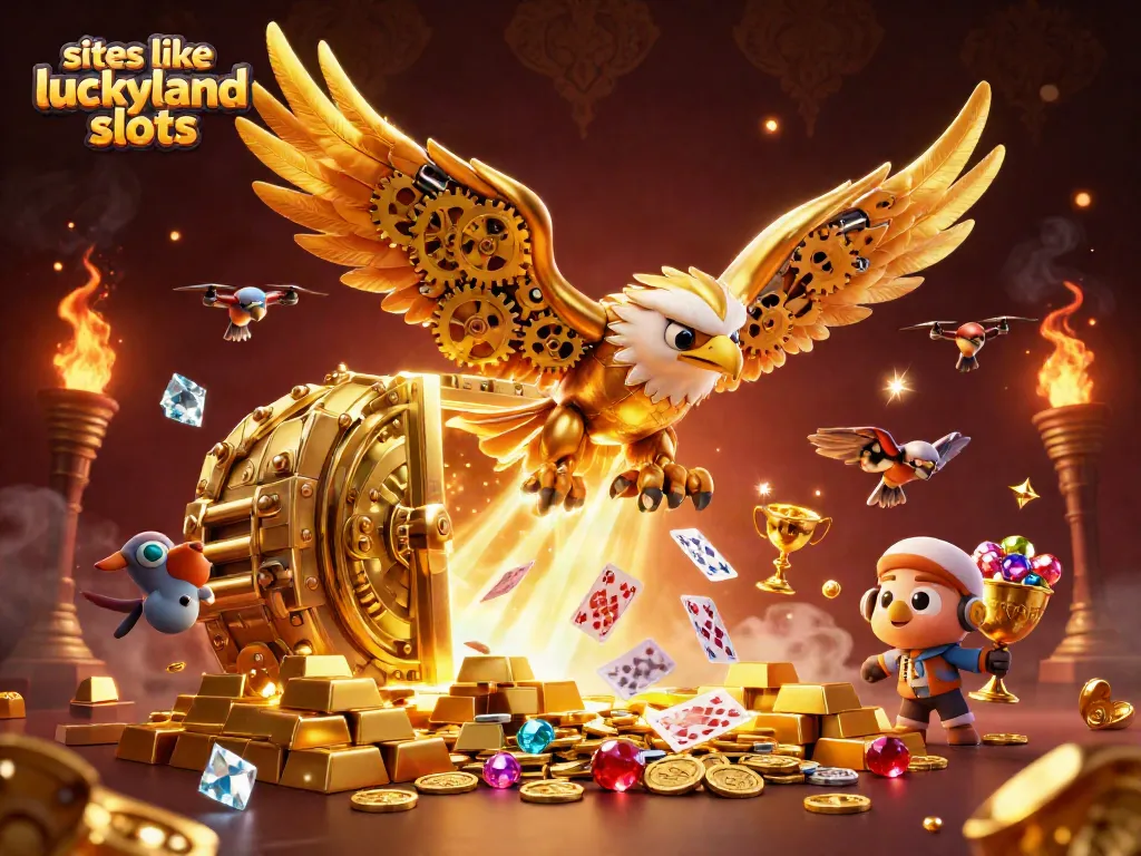 A 3D illustration featuring sites like luckyland slots with a cybernetic eagle diving through holographic cards amid treasure.