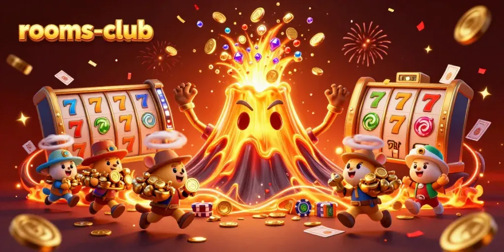 Menangkan jackpot di rooms-club dengan ilustrasi vulkanik emas dan karakter hewan mengumpulkan harta.