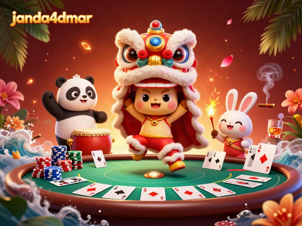 Permainan interaktif di janda4dmar dengan karakter kartun dan elemen poker yang menarik.
