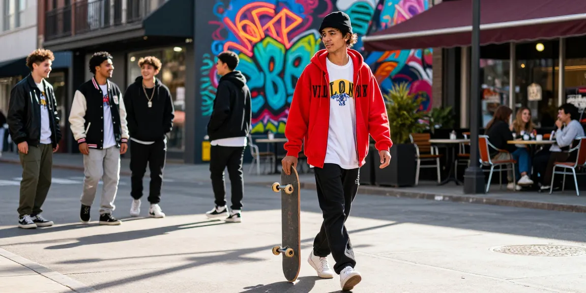 Vlone hoodie-wearing individual in urban streetwear outfit, vibrant graffiti backdrop, showcasing modern youth fashion culture.