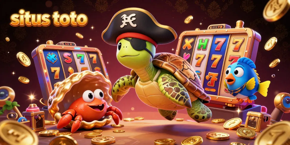 Engage with situs toto's thrilling atmosphere featuring colorful slot reels, pirate turtle, and gold treasures.