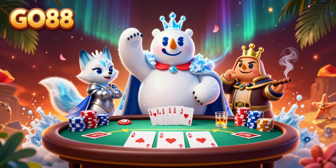 Experience the thrill of GO88 with a vivid illustration of poker action featuring dynamic characters and vibrant casino elements.