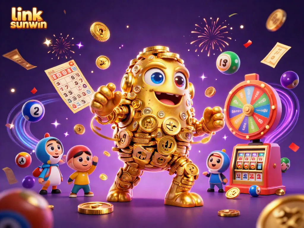 Experience the excitement of link sunwin with a vibrant 3D illustration showcasing casino elements in action.