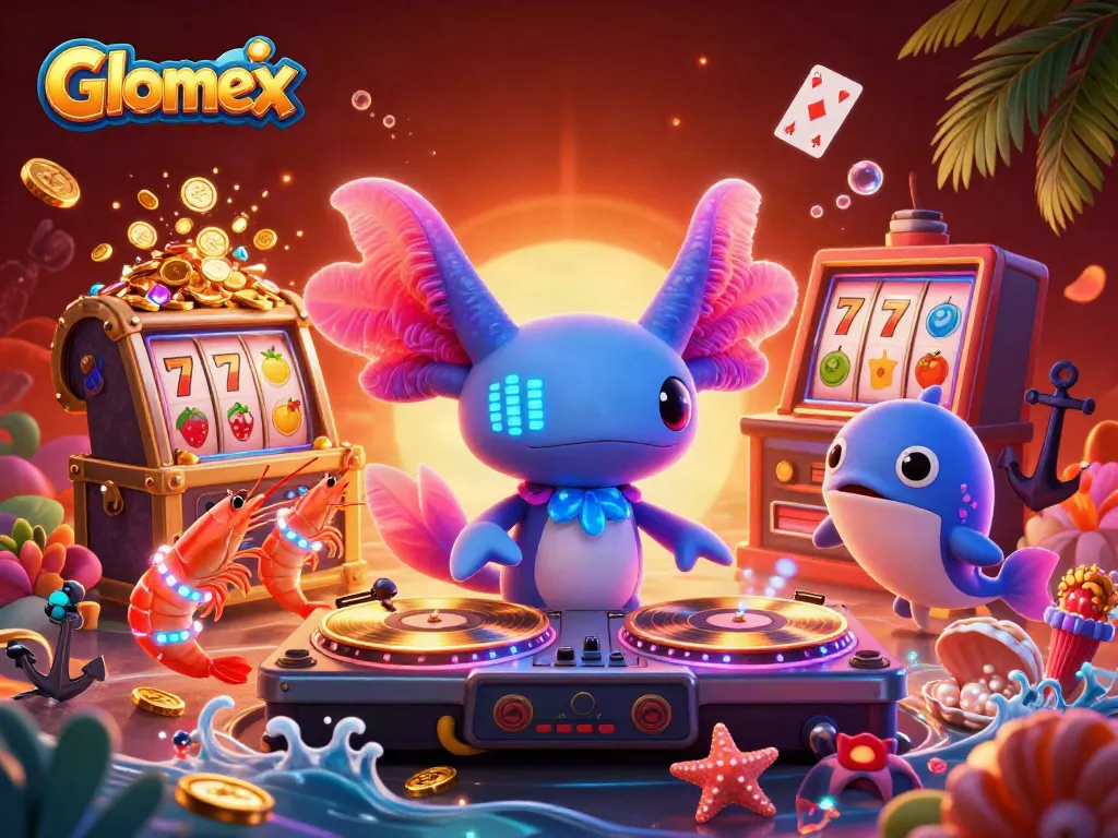 Glomex showcases vibrant underwater casino scene with DJ, shrimp dancers, and slot machines cluttered with treasures