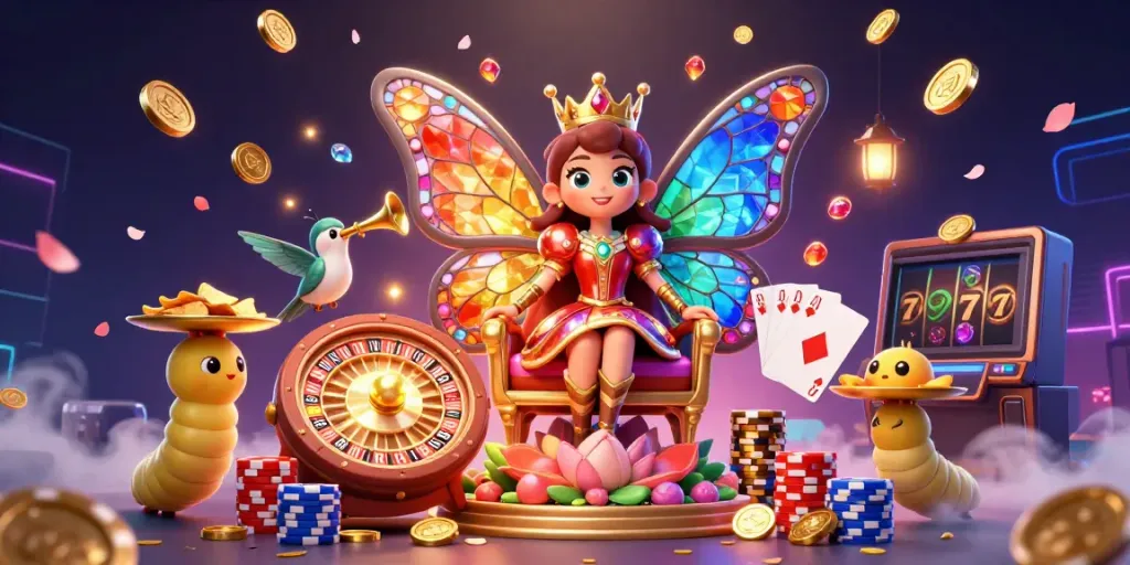 Experience the excitement of kèo nhà cái in a magical 3D scene filled with casino elements and a butterfly queen.