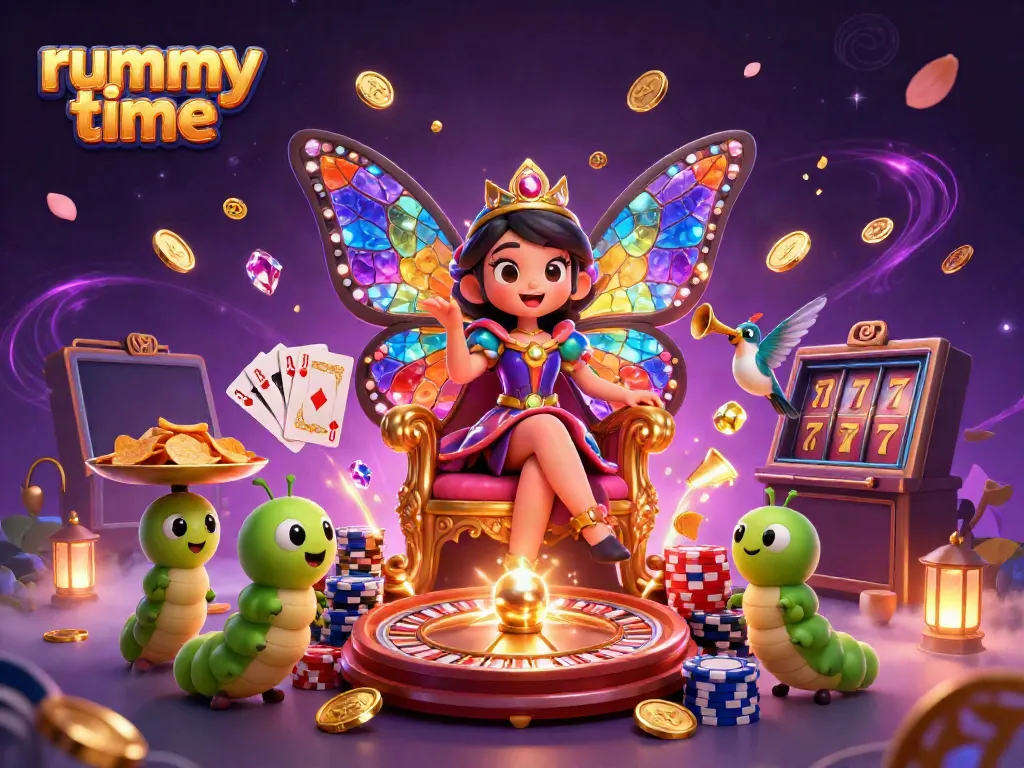 Experience rummy time with a vibrant 3D illustration showcasing a butterfly queen among dazzling casino elements.