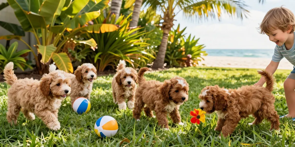 Adorable Cavapoo puppies Florida playing in lush backyard, capturing joy and energy.