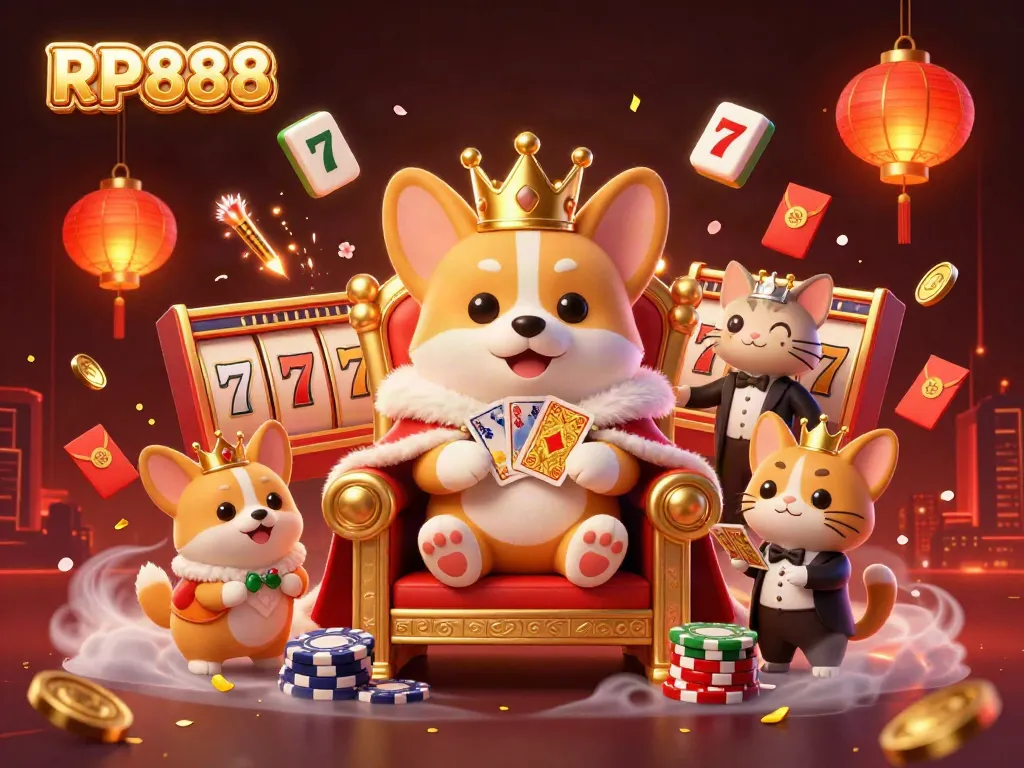Experience the vibrant world of RP888 slots with a royal corgi and playful elements in this engaging casino illustration.