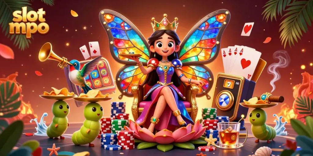 Engage with captivating slot mpo graphics featuring a butterfly queen in a vibrant casino scene.