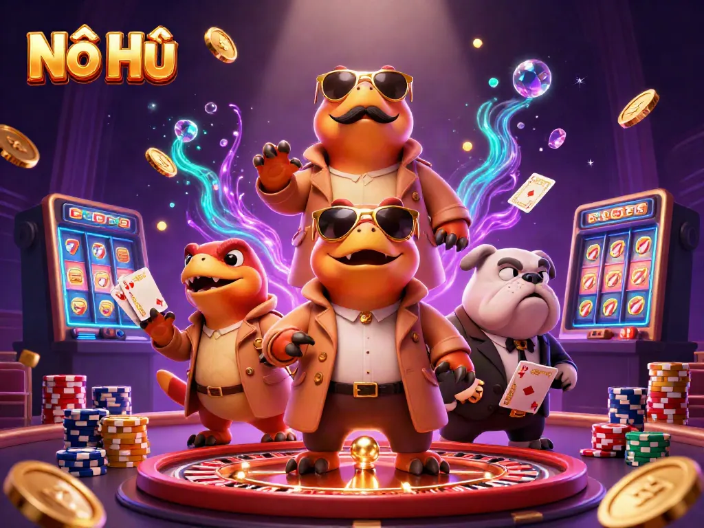 Experience Nổ Hũ with 3D raptors sneaking into a VIP casino, vibrant action all around.