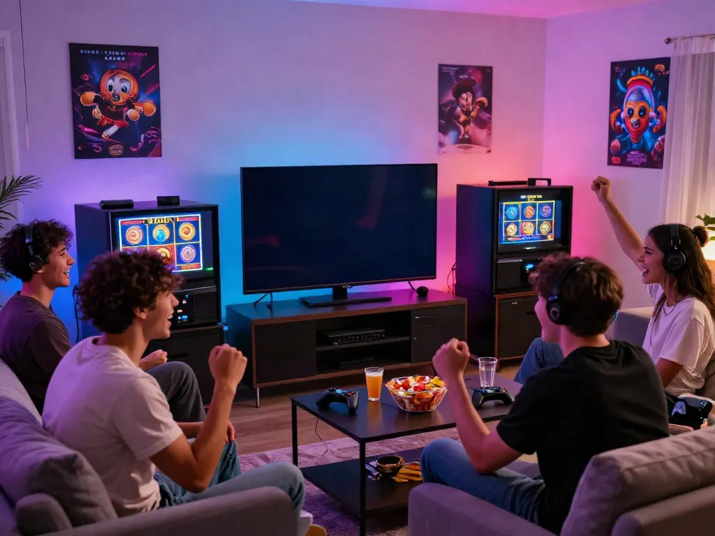 Friends enjoying a lively gaming night featuring 513 Slots on screen, vibrant and cozy setting.