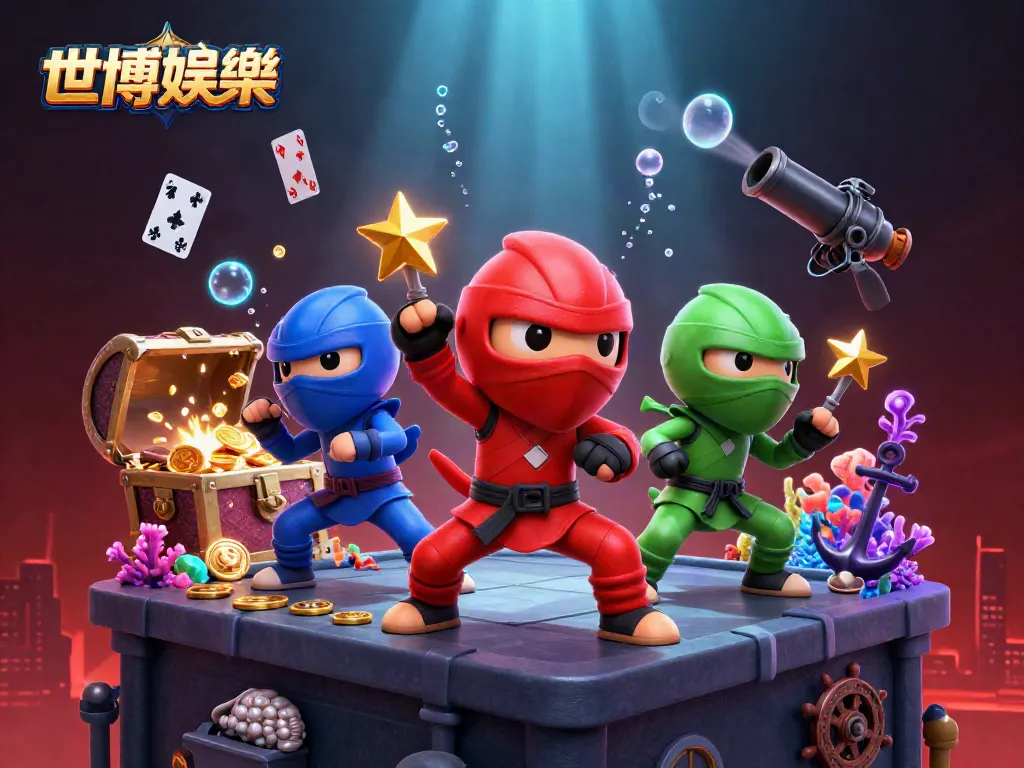 在世博娱乐的3D插图中,五彩斑斓的忍者变色龙团队展示武术姿势,沉浸于动态的赌博场景。