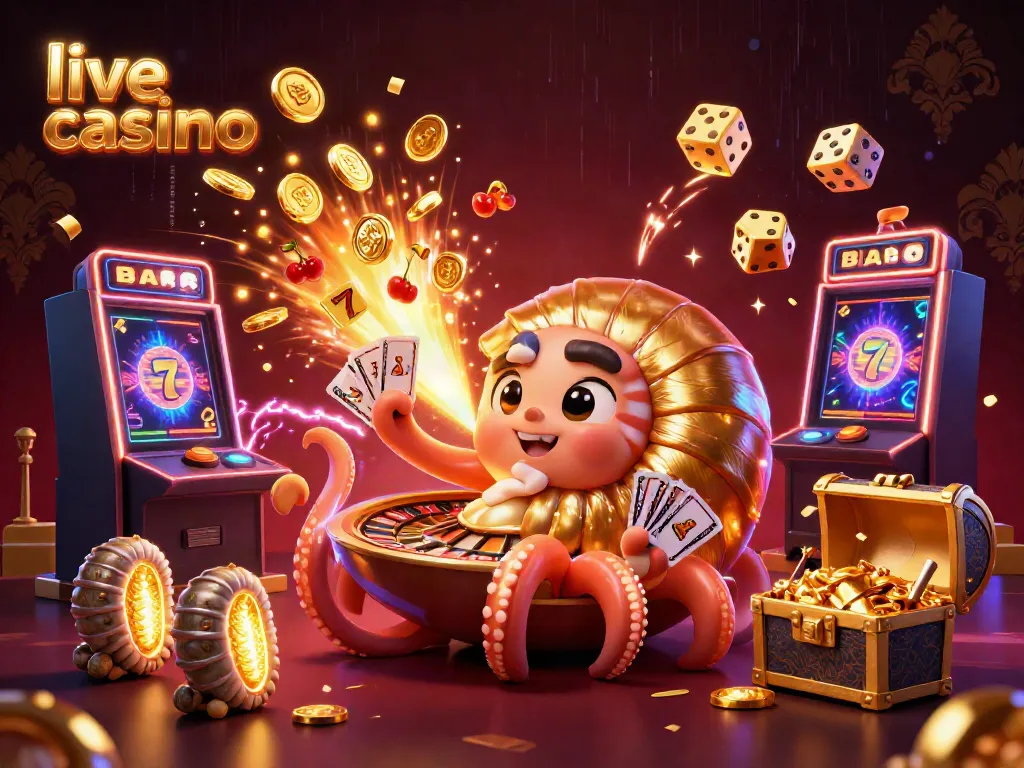 Permainan live casino dengan nautilus raksasa berkilau dan mesin slot jackpot.