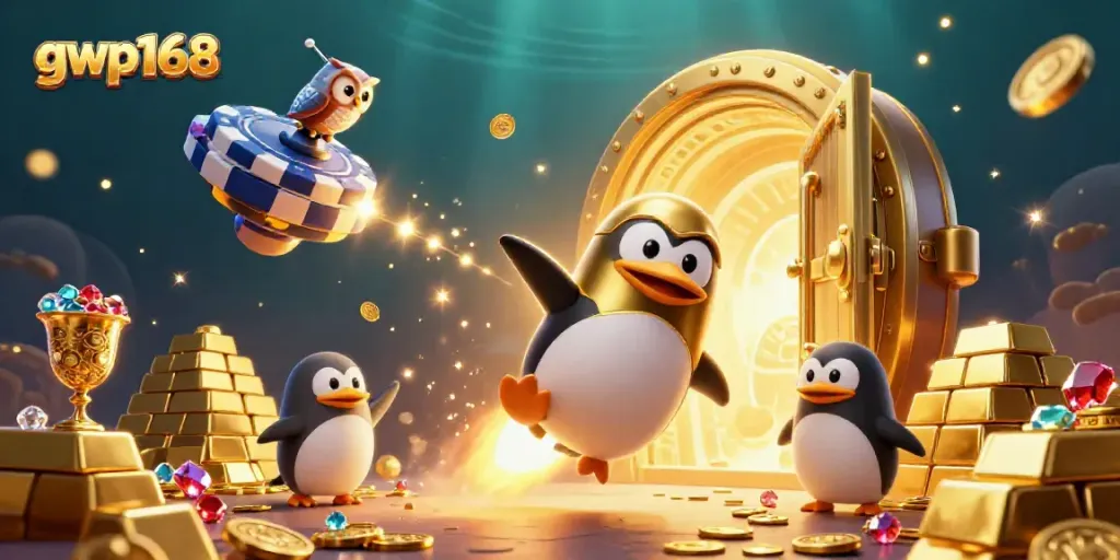 GWP168 menyajikan penguin emas bertenaga roket yang meluncur ke kasino.