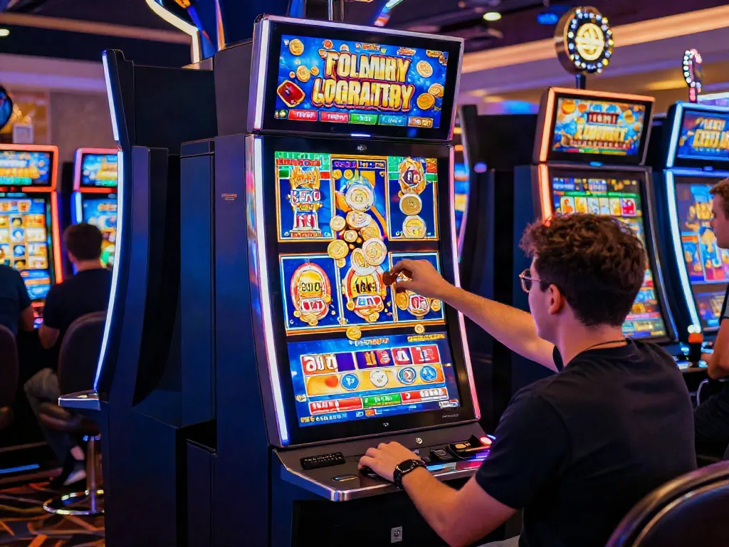 Players celebrating a slot jackpot win at a vibrant casino.