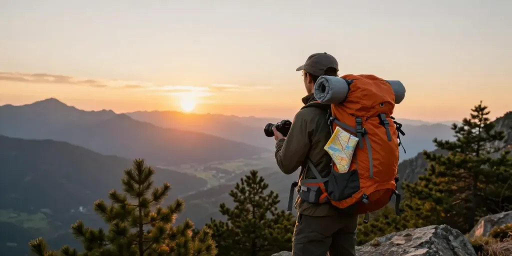 Stunning travel scene from https://jago108.com/ showing an adventurer at sunset on a mountain peak, embodying exploration.