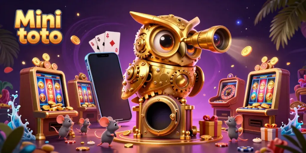 Gambarkan Mini toto di kasino dengan owl robotik, tikus, dan banyak elemen permainan slot.