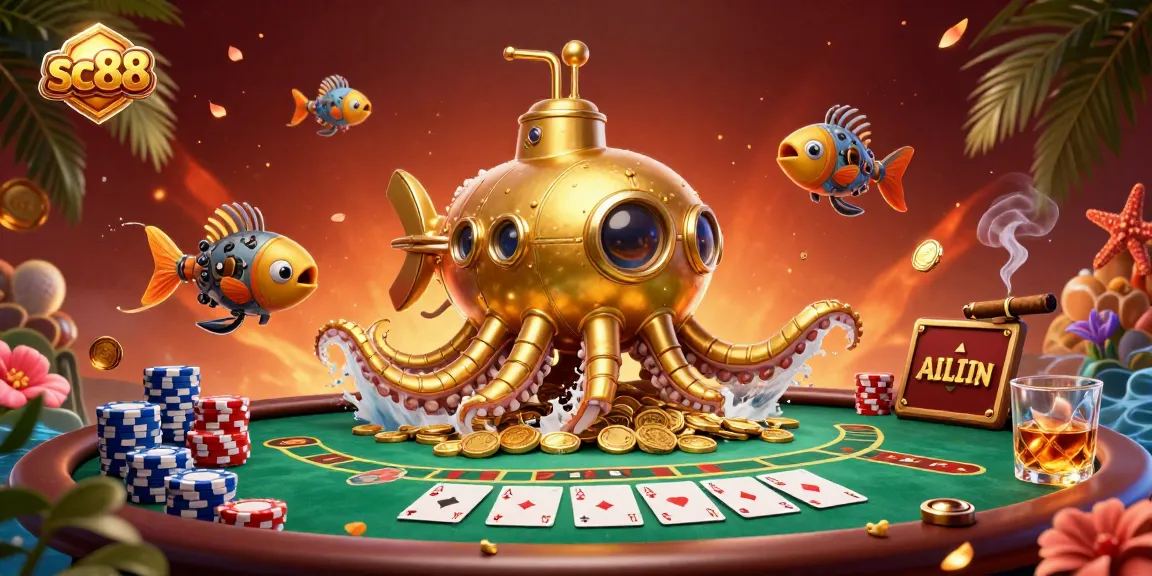 Engage with sc88's vibrant casino atmosphere as the golden kraken submarine surfaces among riches and poker action.