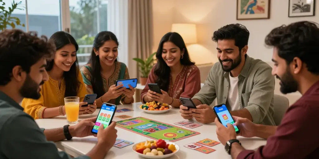 Friends enjoying 3 Patti No1 app on smartphones in a cozy urban setting.