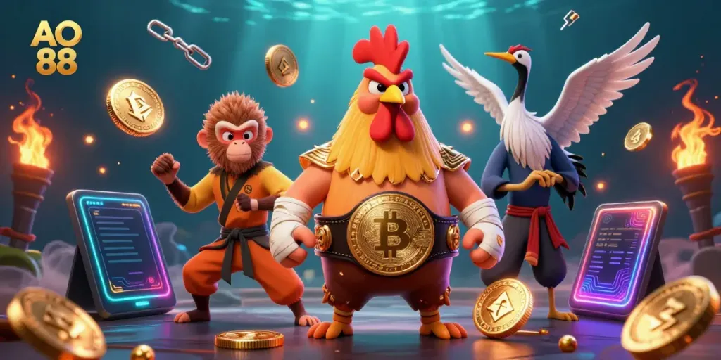 Engage in thrilling betting action with AO 88 showcased through dynamic 3D characters and vibrant casino elements.