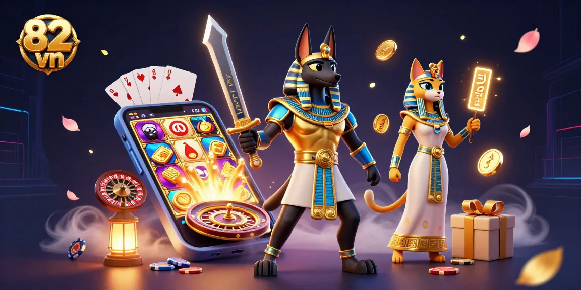 Experience thrilling gambling at 82 vn with Anubis and Bastet amidst golden coins and slot games.