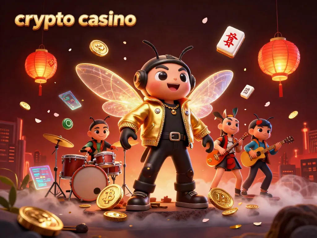 Engage in a vibrant crypto casino scene featuring lively rock star characters and floating digital currencies.