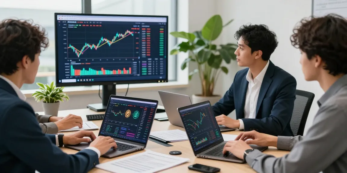 Сцена трейдеров в офисе, анализирующих данные на bitmex биржа и обсуждающих рыночные тренды.
