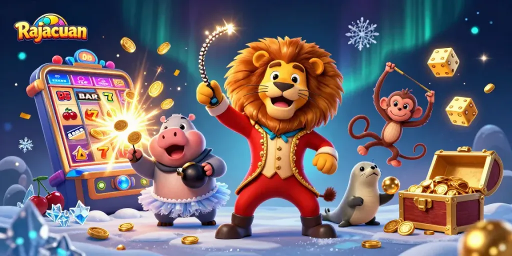 Spin the reels at Rajacuan with a vibrant 3D illustration showcasing a joyful casino scene.