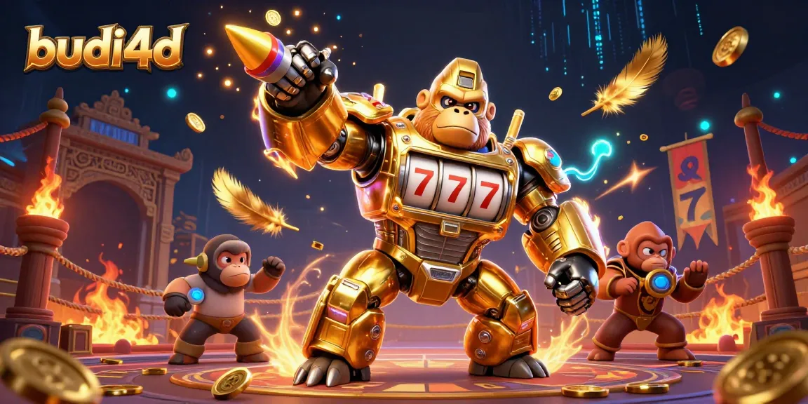 Engage in thrilling jackpots at budi4d with a golden gorilla mech and spinning slot machine features.